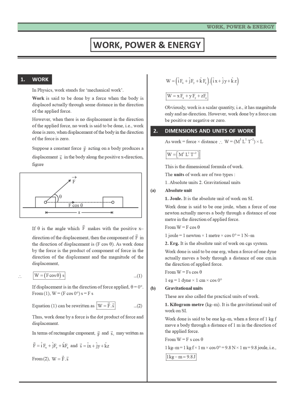 CBSE Class-11 Physics Revision Notes For Work, Energy and Power - Page 2