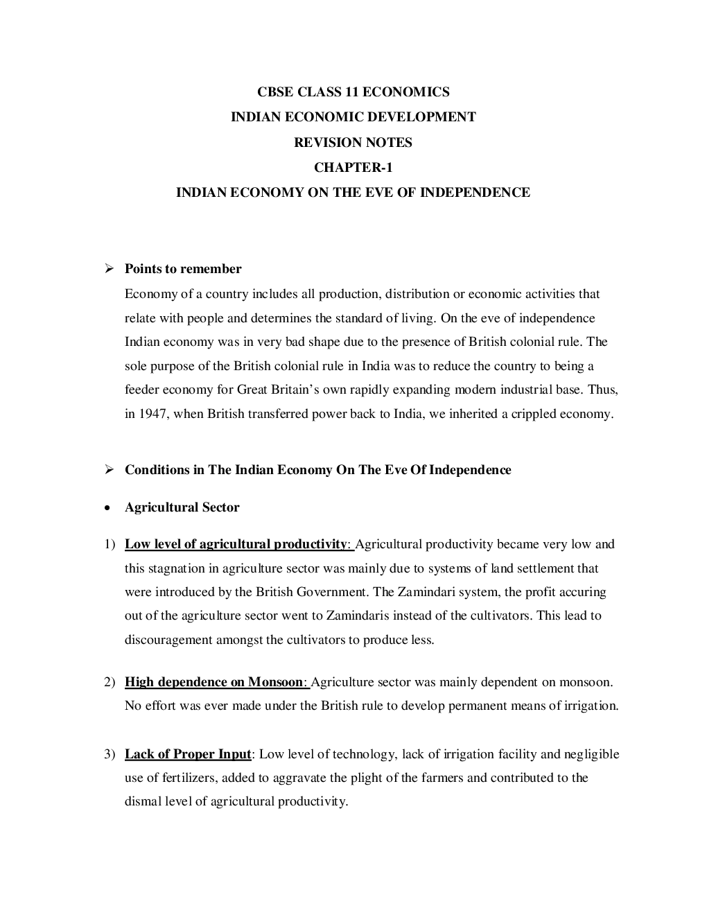 CBSE Class-11 Economics Revision Notes For Indian Economy on the Eve of Independence - Page 2