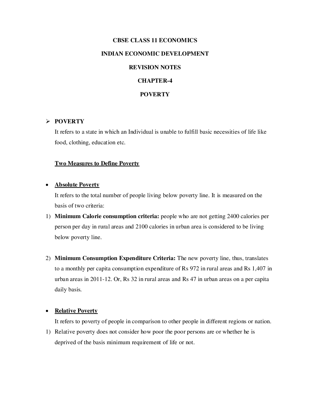 CBSE Class-11 Economics Revision Notes For Poverty - Page 2