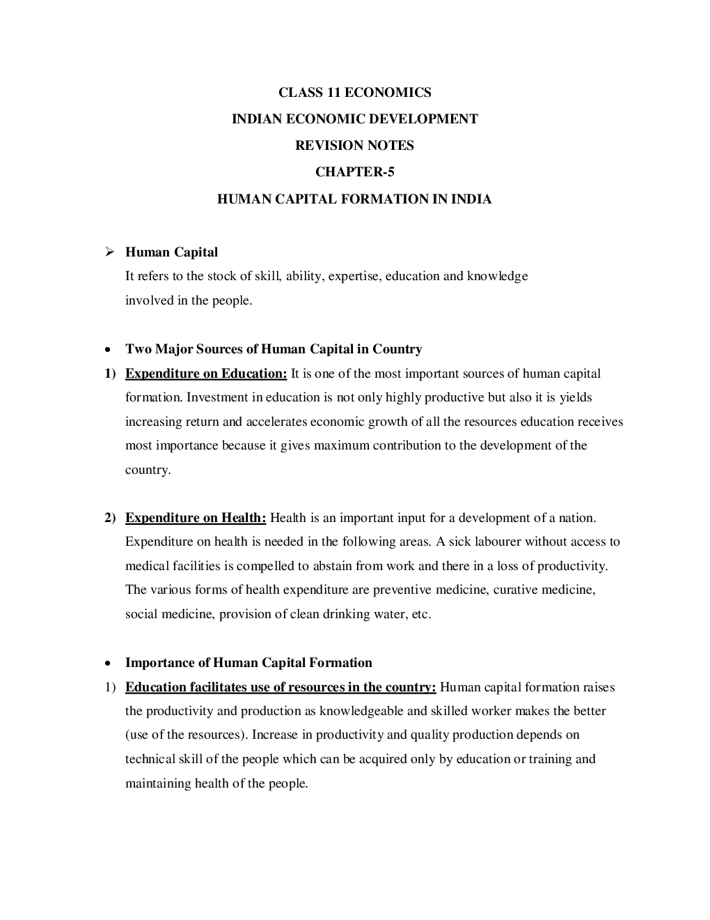 CBSE Class-11 Economics Revision Notes For Human Capital Formation in India - Page 2