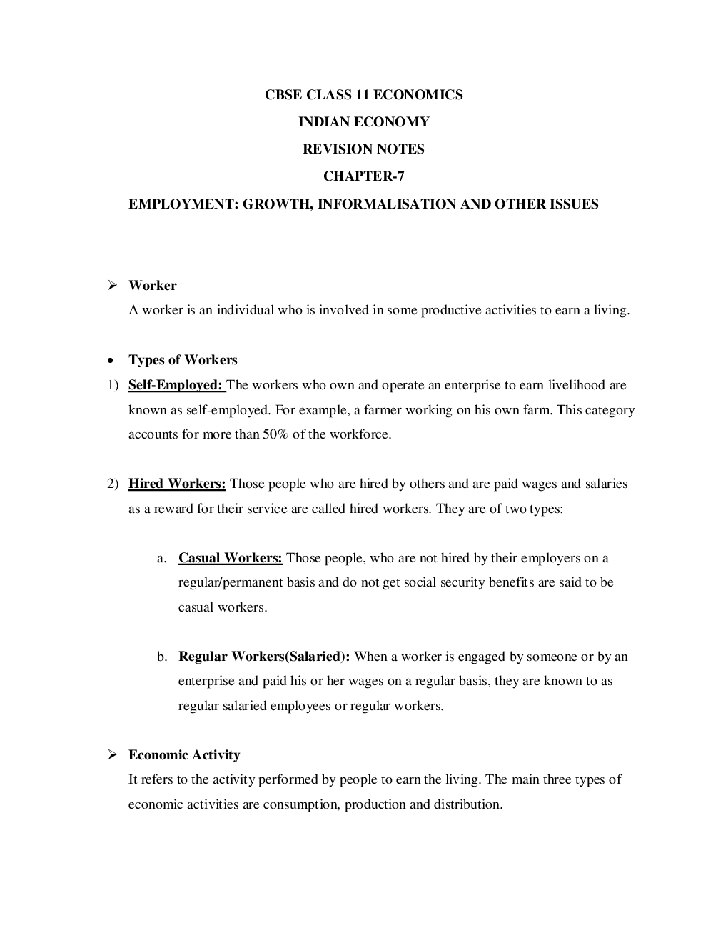 CBSE Class-11 Economics Revision Notes For Employment Growth, Informalisation and Other Issues - Page 2