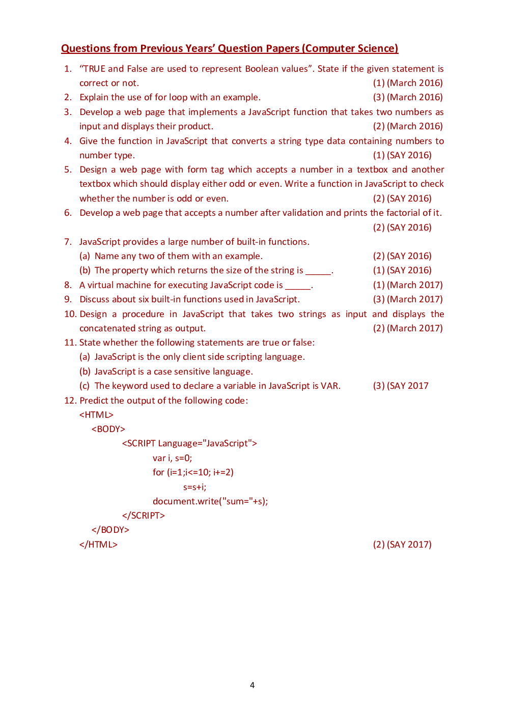 CBSE Class 12 Computer Science Revision Notes Client Side Scripting Using Java Script - Page 5