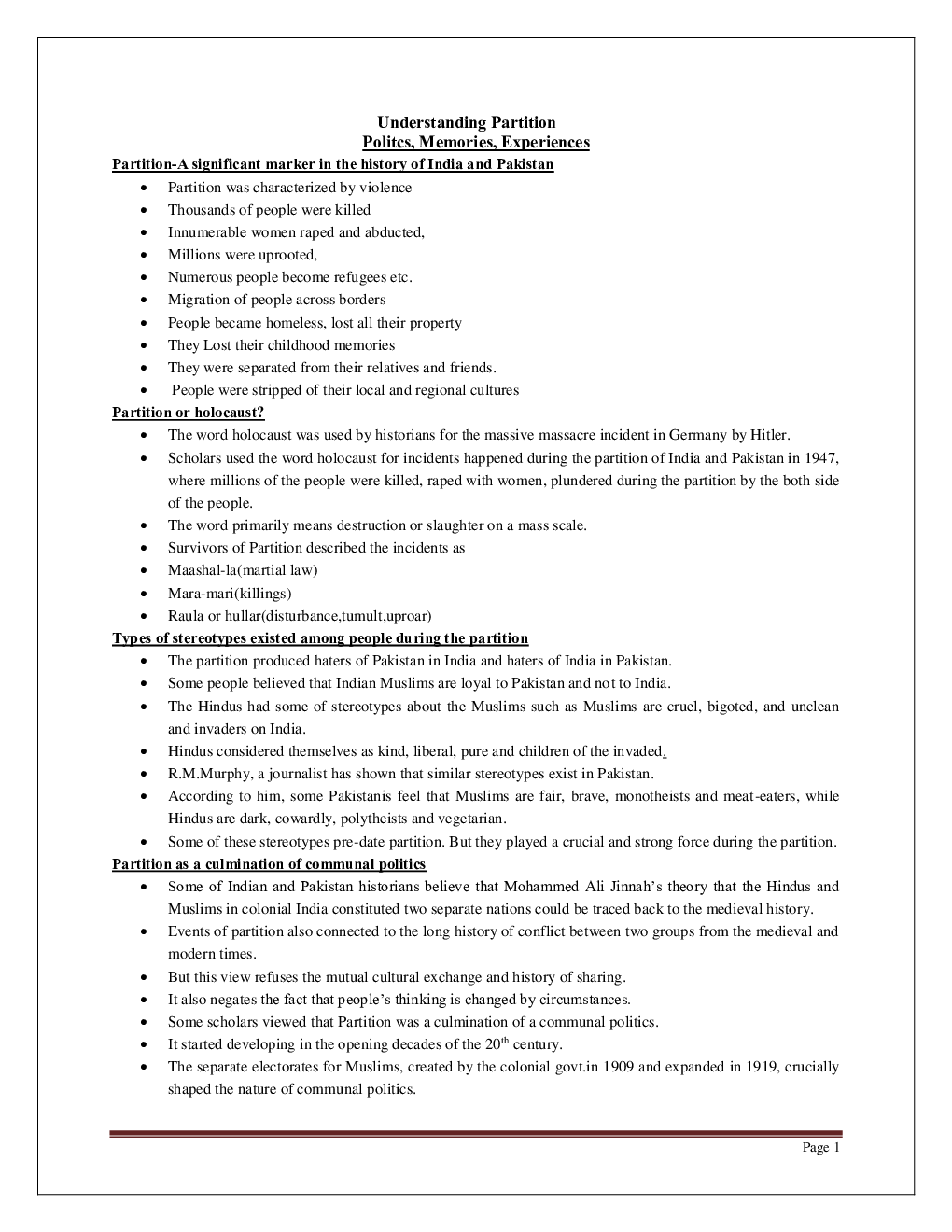 Download CBSE Class 12 History Revision Notes Understanding Partition