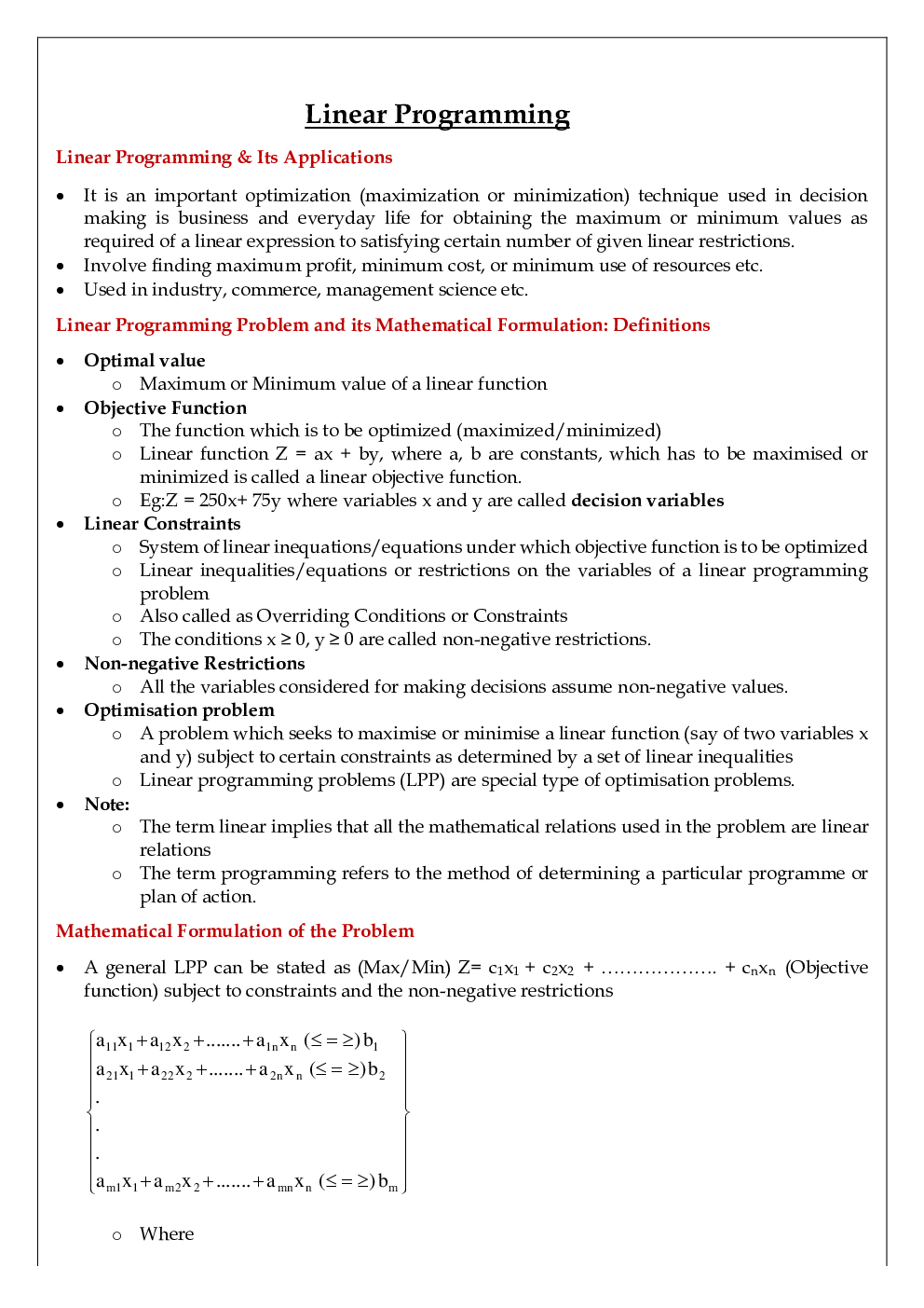 CBSE Class 12 Maths Revision Notes Linear Programming - Page 2