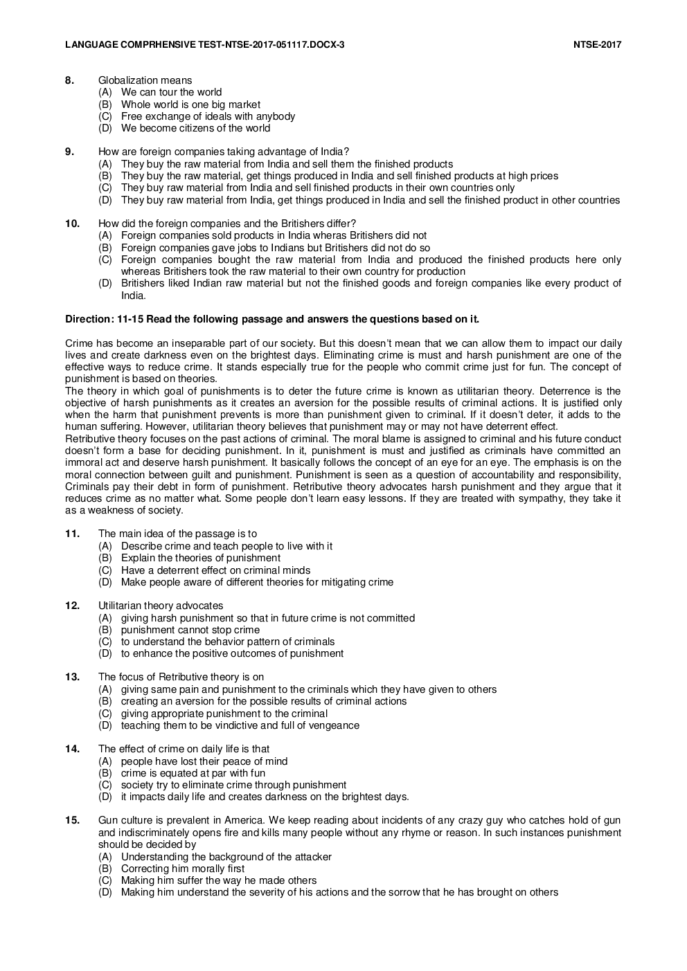 NTSE Stage I Chandigarh Language 2017-18 (Solved Paper) - Page 3