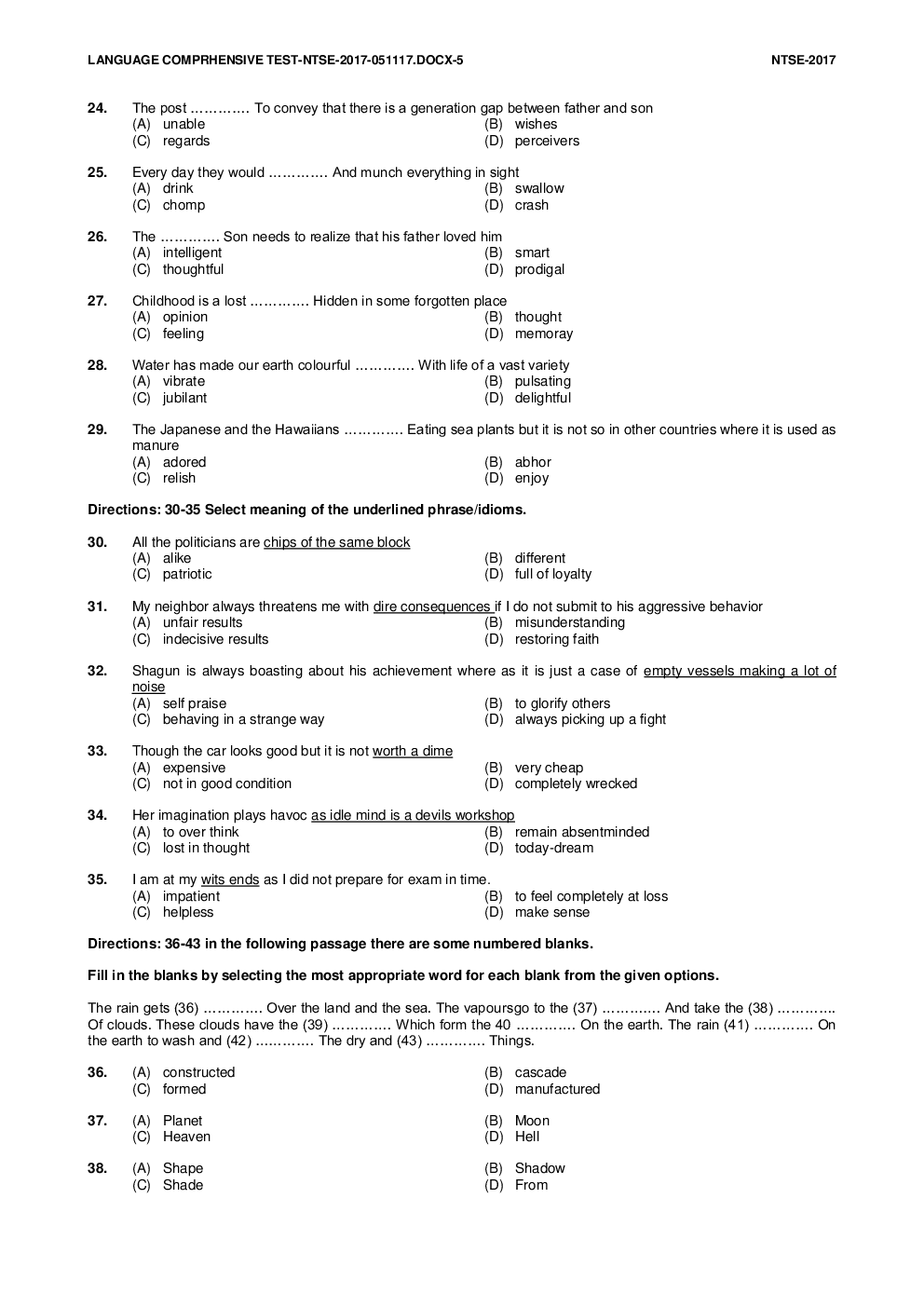 NTSE Stage I Chandigarh Language 2017-18 (Solved Paper) - Page 5