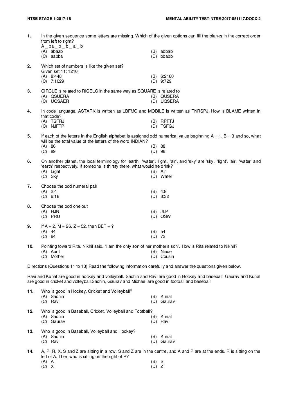 NTSE Stage I Chandigarh MAT 2017-18 (Solved Paper) - Page 2