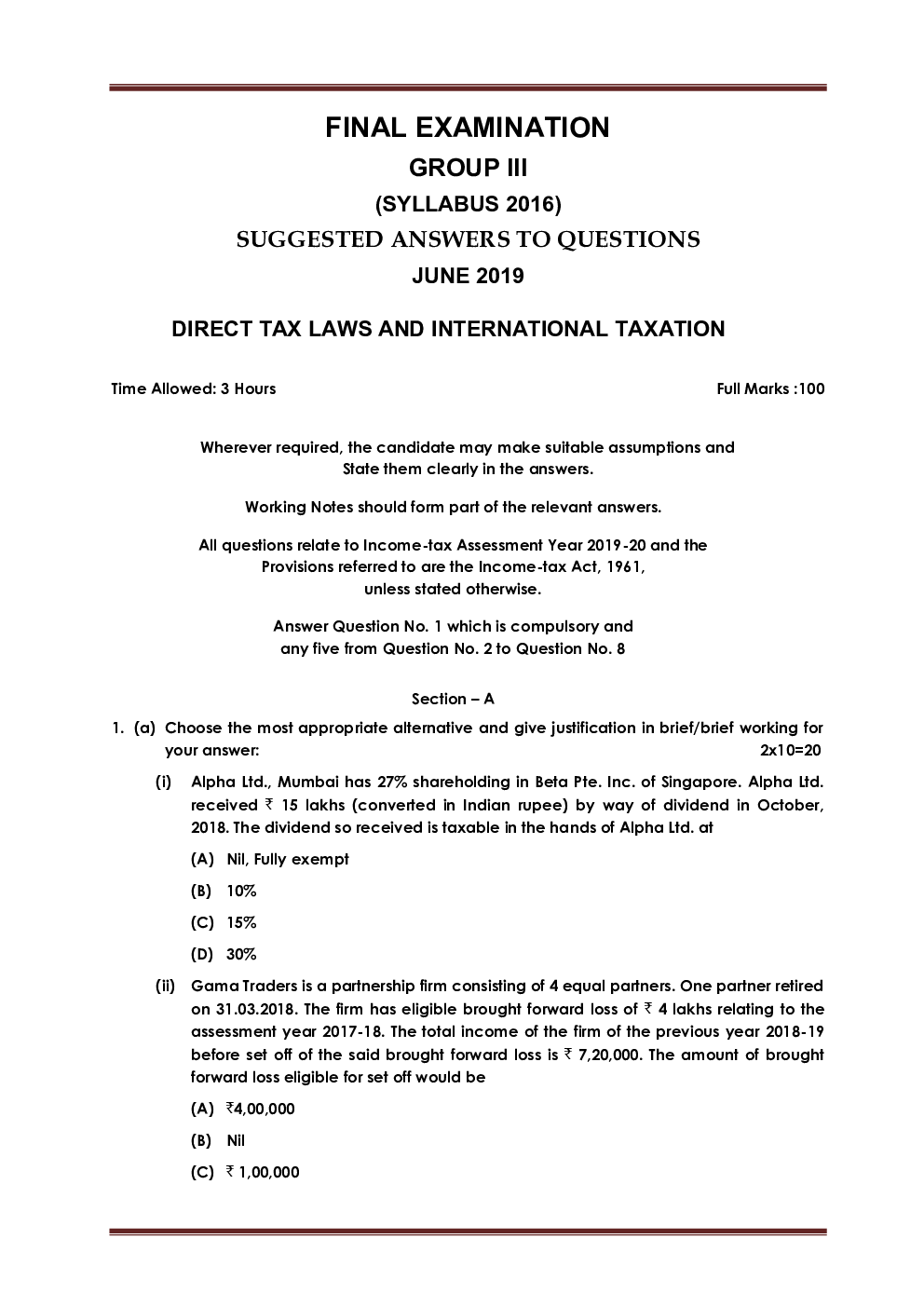 CMA FINAL Paper-4  Direct Tax Laws And International Taxation Question Paper With Answer 2019 - Page 2