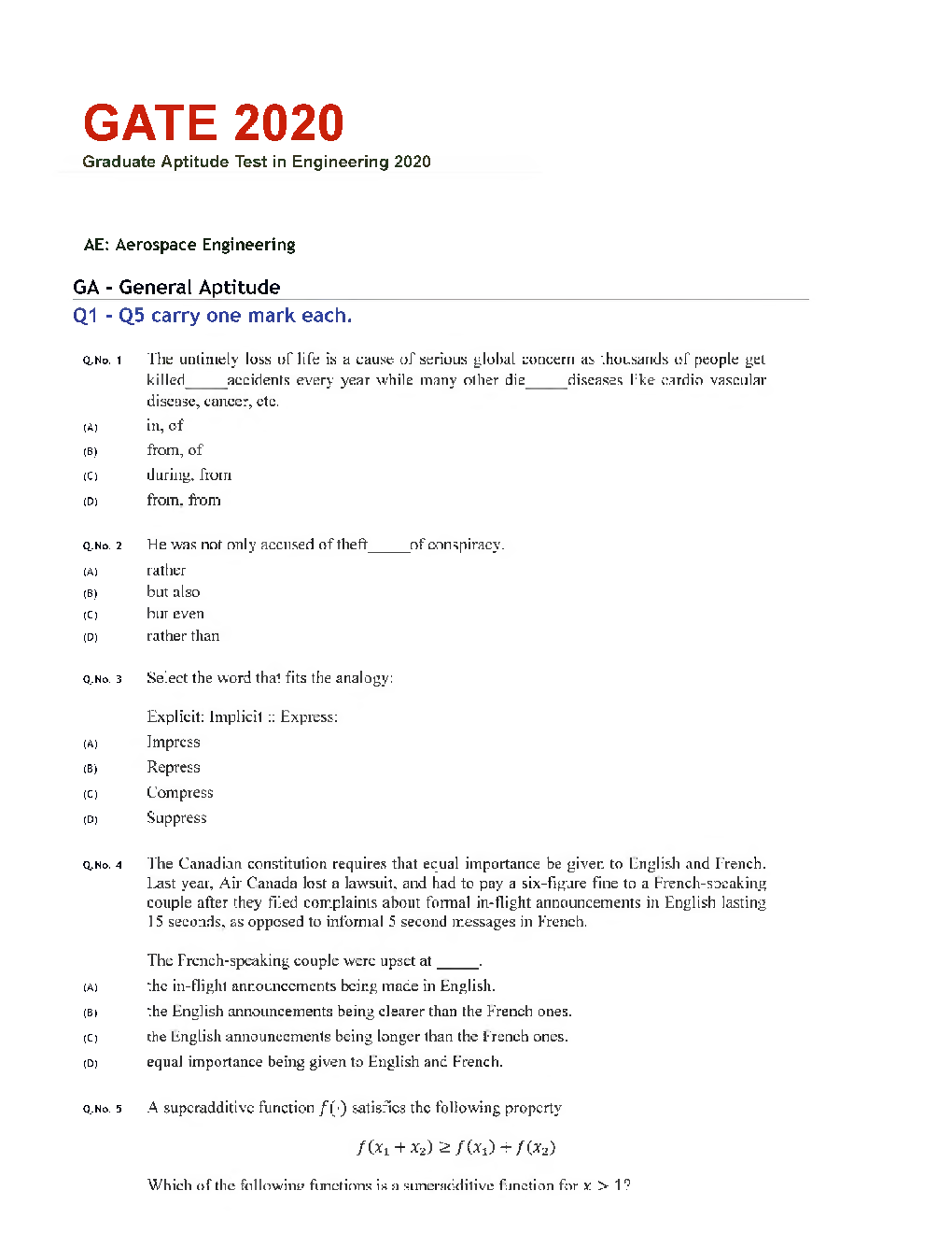 GATE 2020 Aerospace Engineering Previous Year Paper With Answer - Page 2