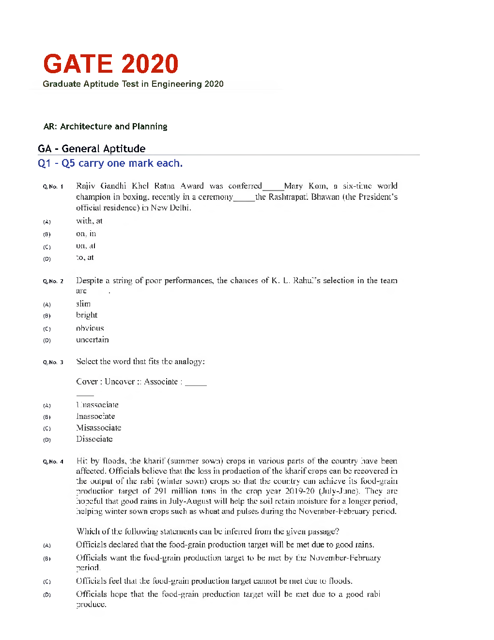 GATE 2020 Architecture And Planning Engineering Previous Year Paper With Answer - Page 2