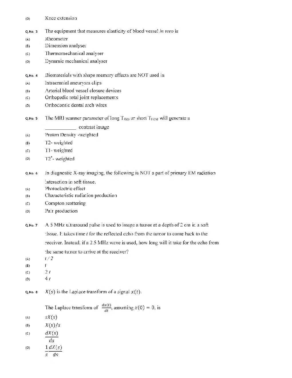 GATE 2020 Biomedical Engineering Previous Year Paper With Answer - Page 5