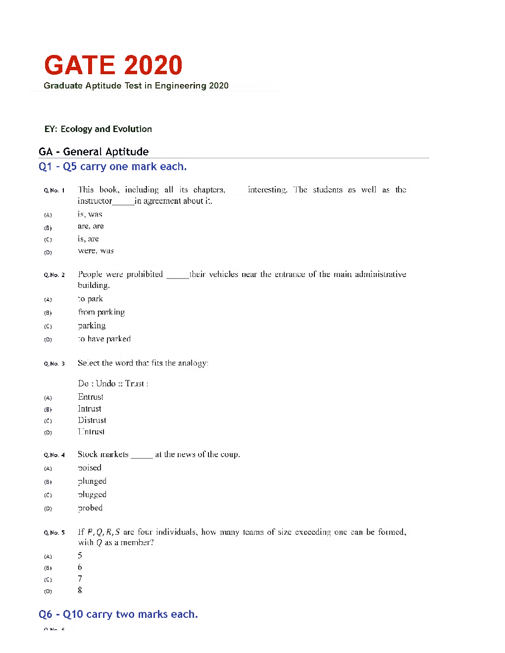 GATE 2020 Ecology And Evolution Previous Year Paper With Answer - Page 2