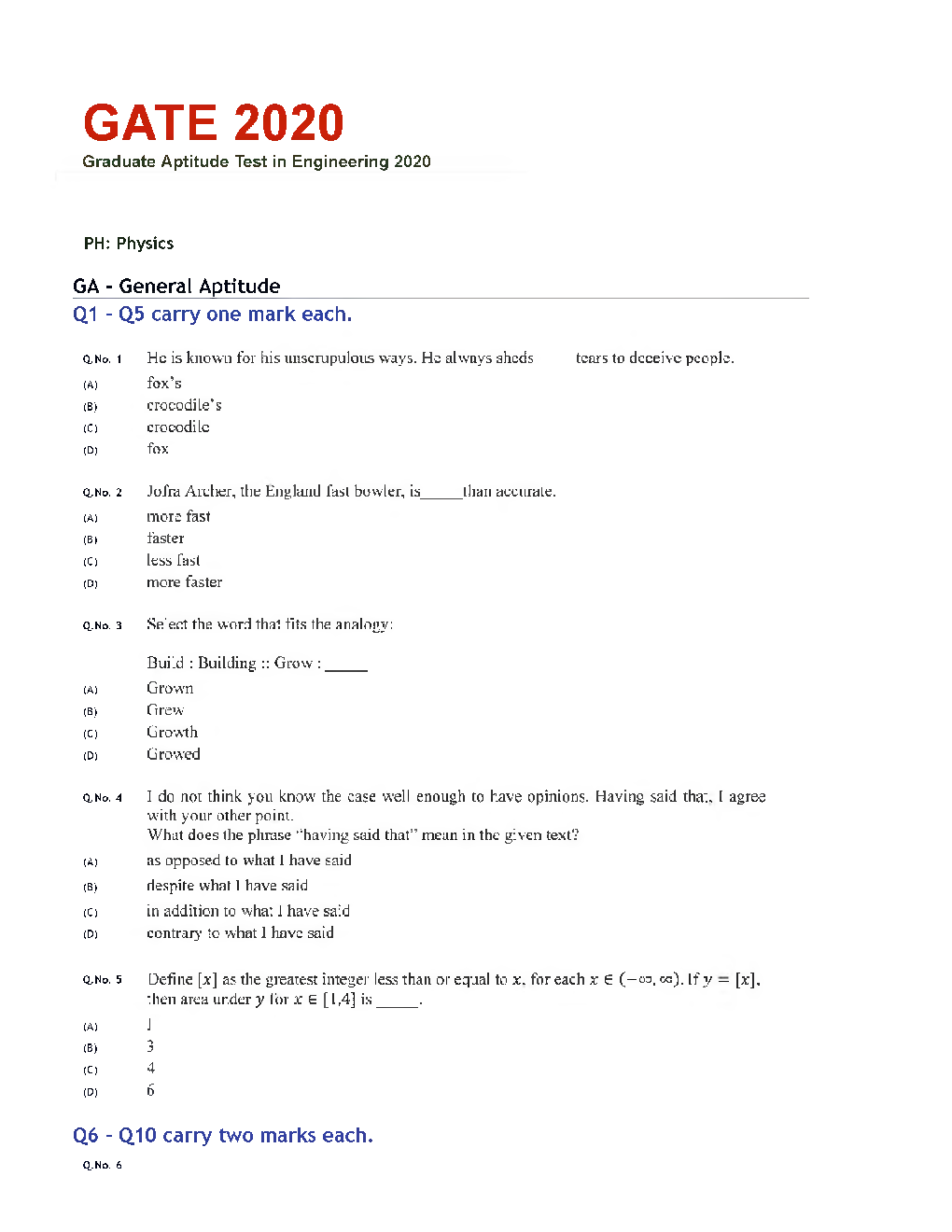 GATE 2020 Physics Previous Year Paper With Answer - Page 2