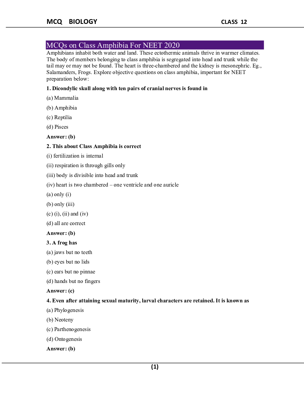 MCQ Biology For Class-12 - Page 2