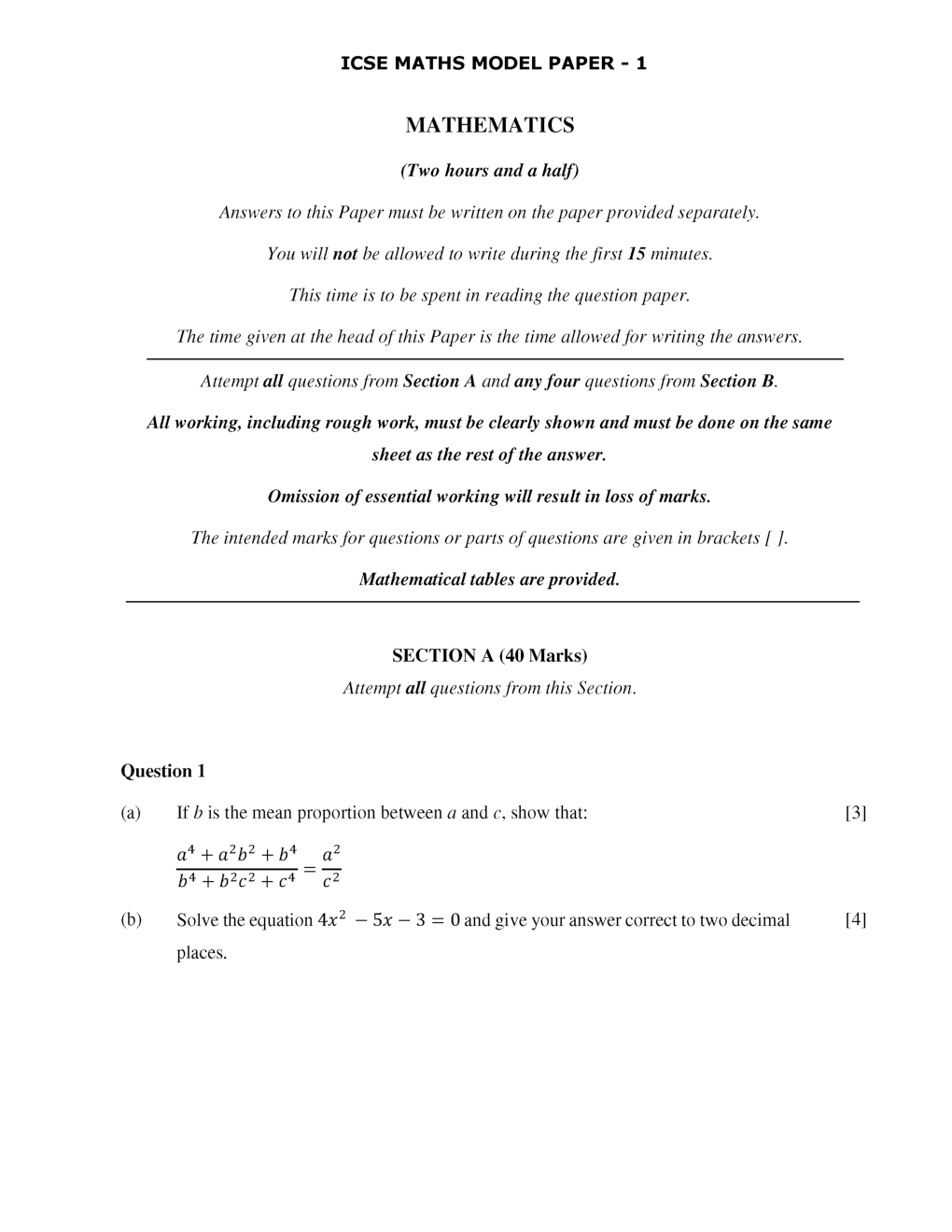ICSE Model Question Papers For Mathematics Class 10 - Page 2