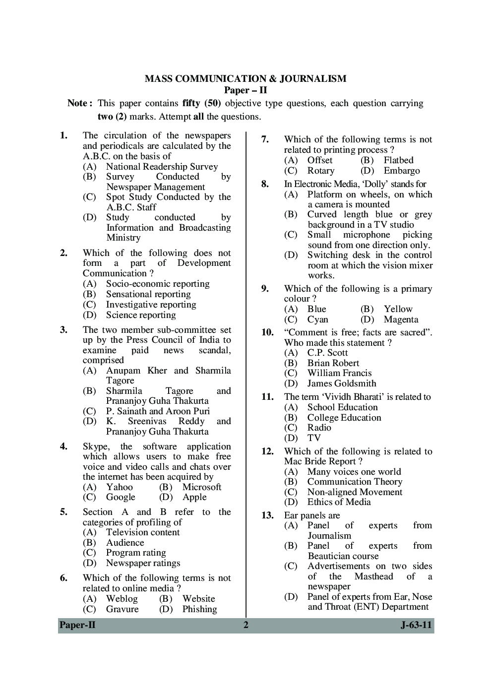 UGC NET Mass Communication Sample Papers Paper-II 2019 - Page 2