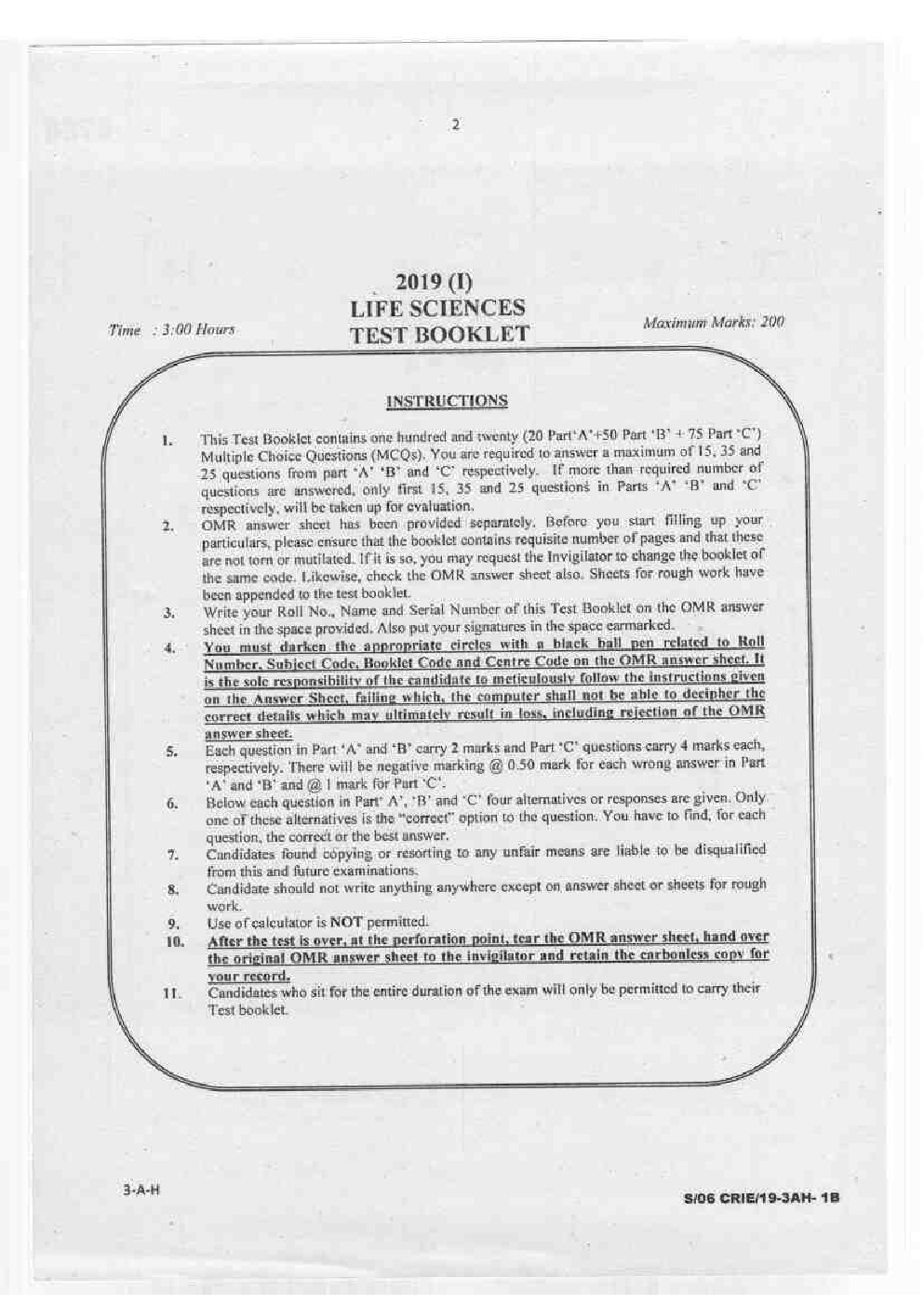 Previous Year Question Paper For CSIR NET Life Science 2019 - Page 3