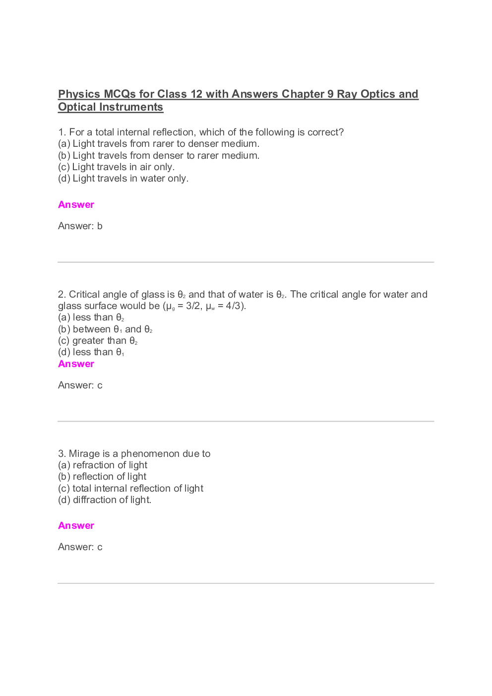 Download CBSE Board Class12 Physics Chapter 9 Ray Optics and Optical