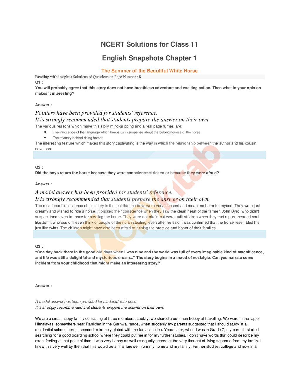 NCERT Solution For Class-11 English Snapshots - Page 2