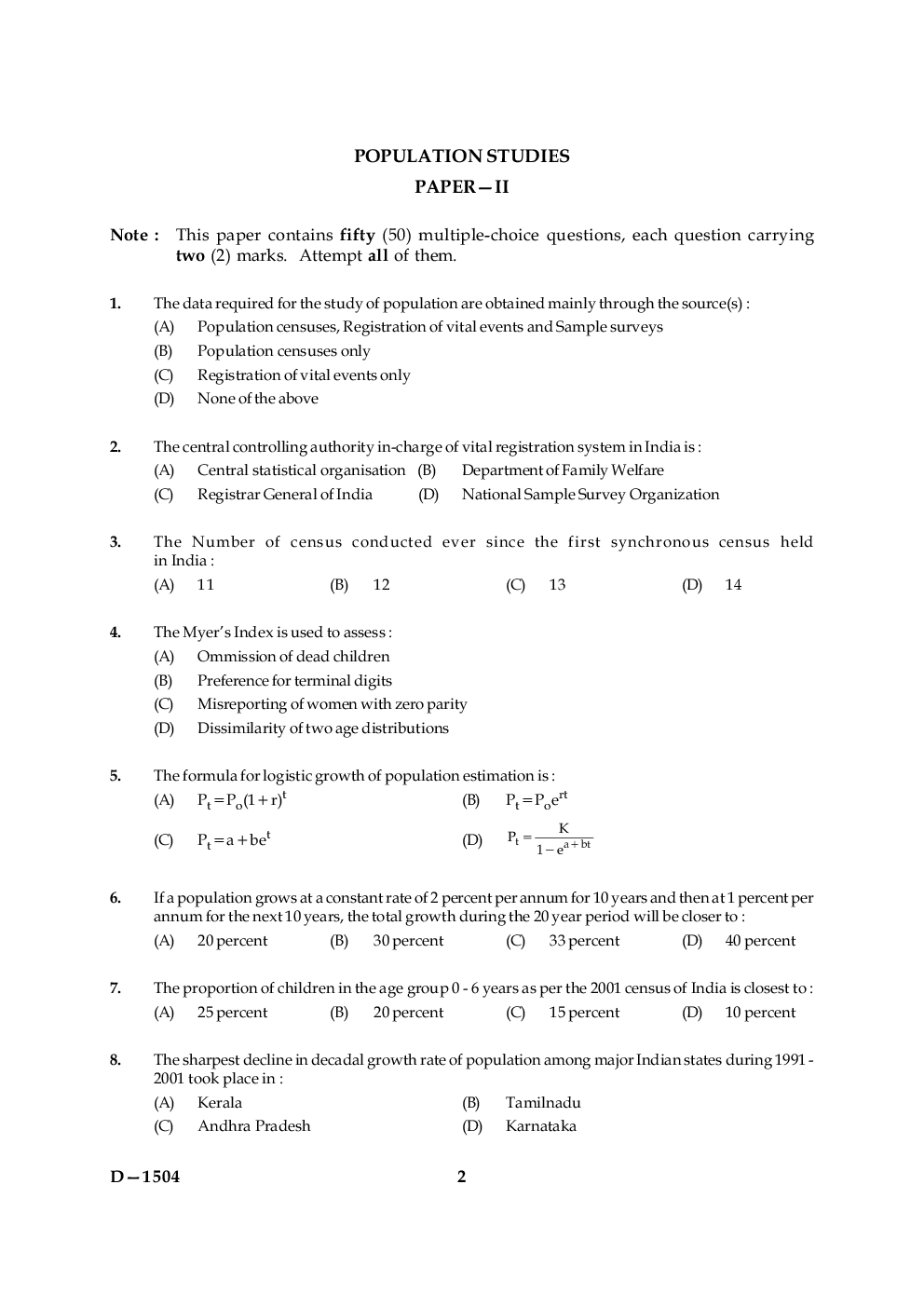 UGC NET Population Studies Question Papers 2004 - Page 2