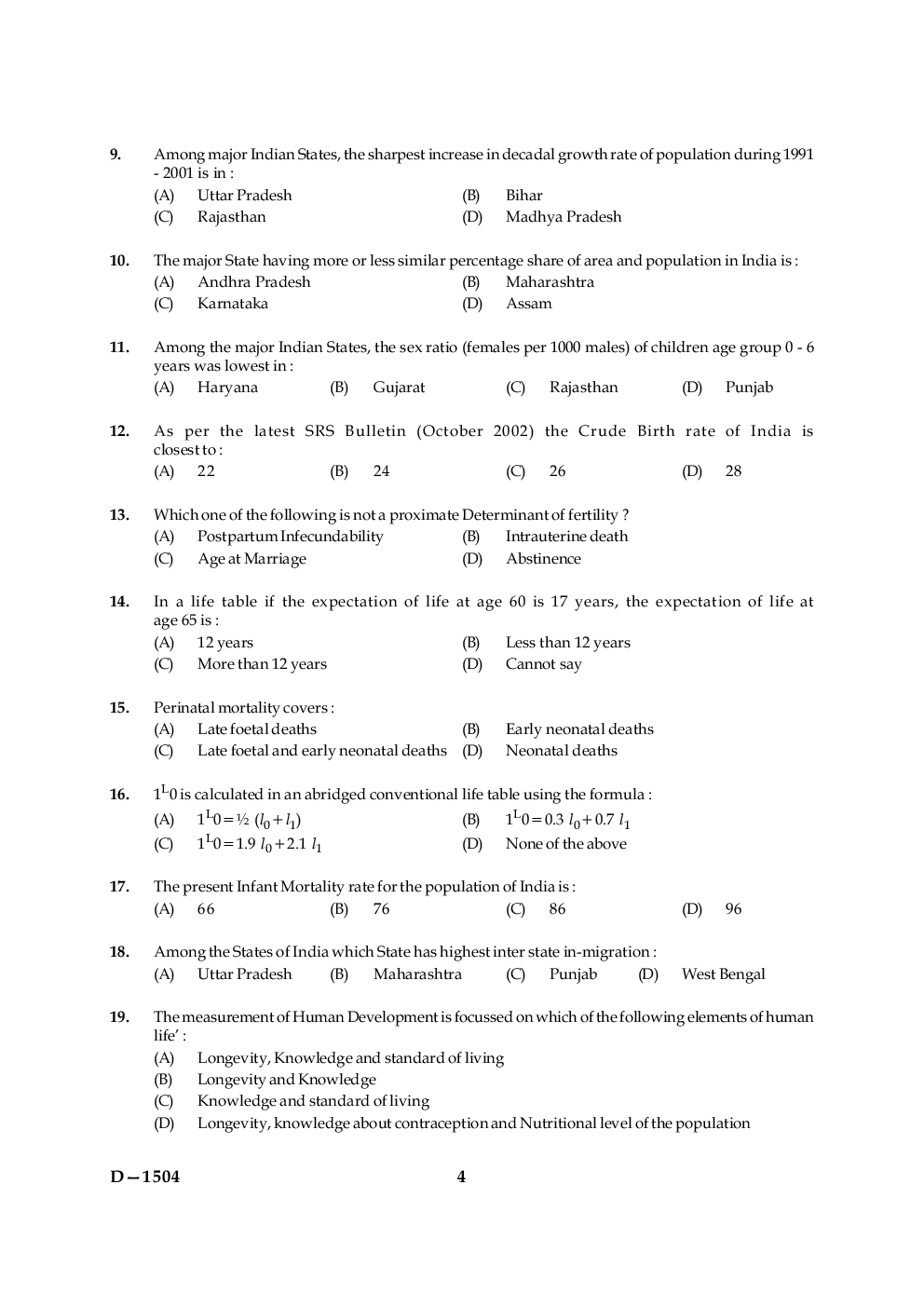 UGC NET Population Studies Question Papers 2004 - Page 4