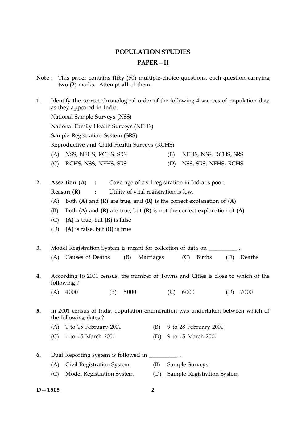 UGC NET Population Studies Question Papers June-December 2005 - Page 2