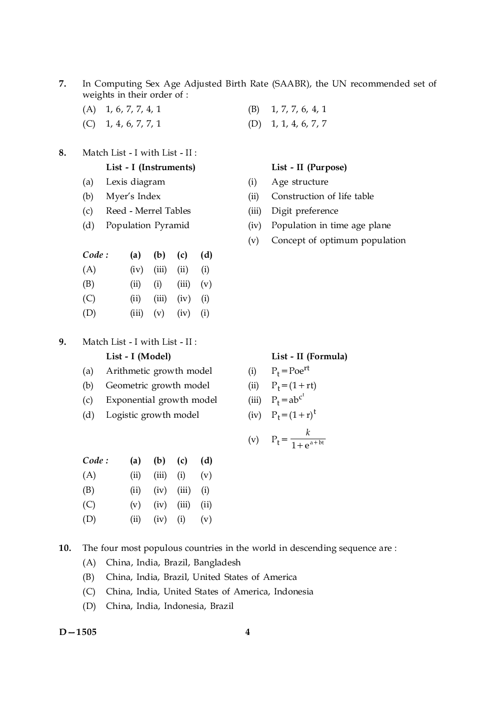 UGC NET Population Studies Question Papers June-December 2005 - Page 4