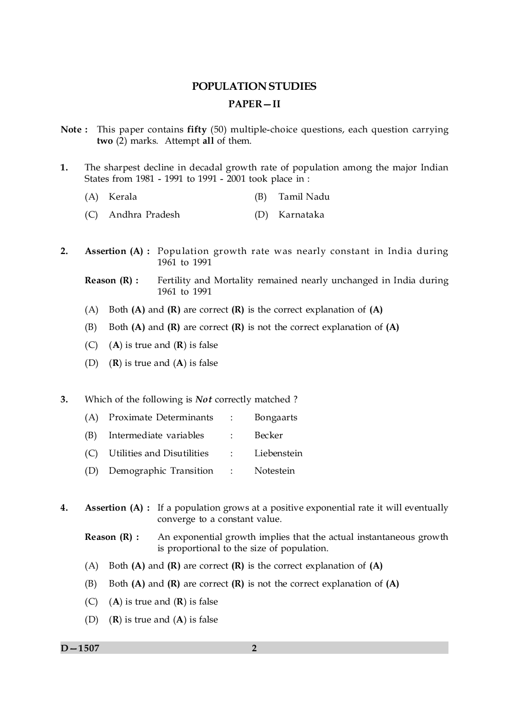 UGC NET Population Studies Question Papers December 2007 - Page 2