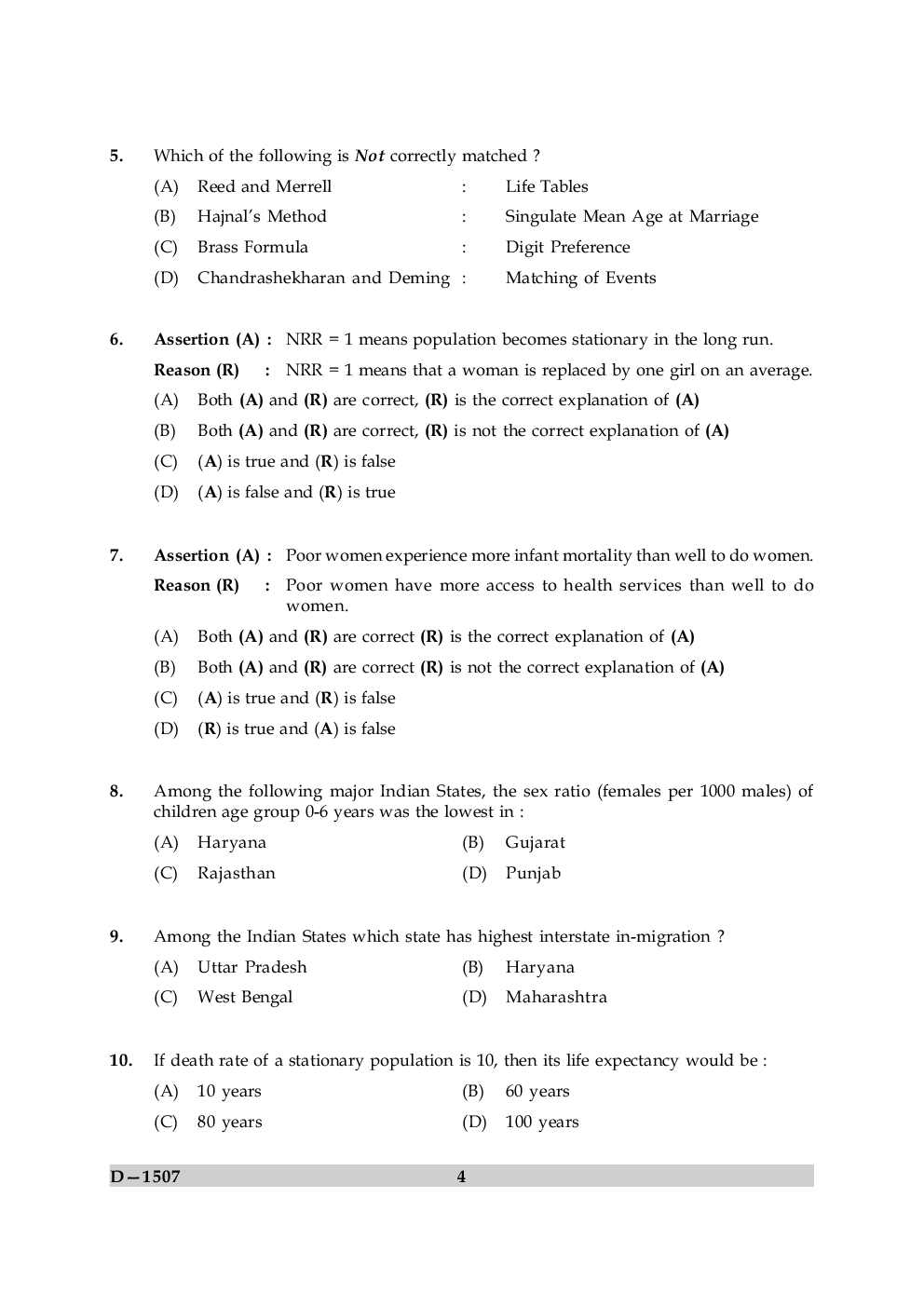 UGC NET Population Studies Question Papers December 2007 - Page 4