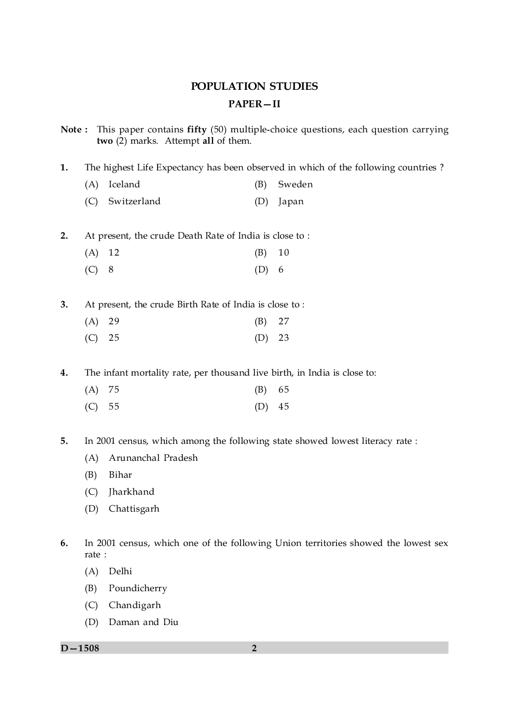 UGC NET Population Studies Question Papers June-December 2008 - Page 2
