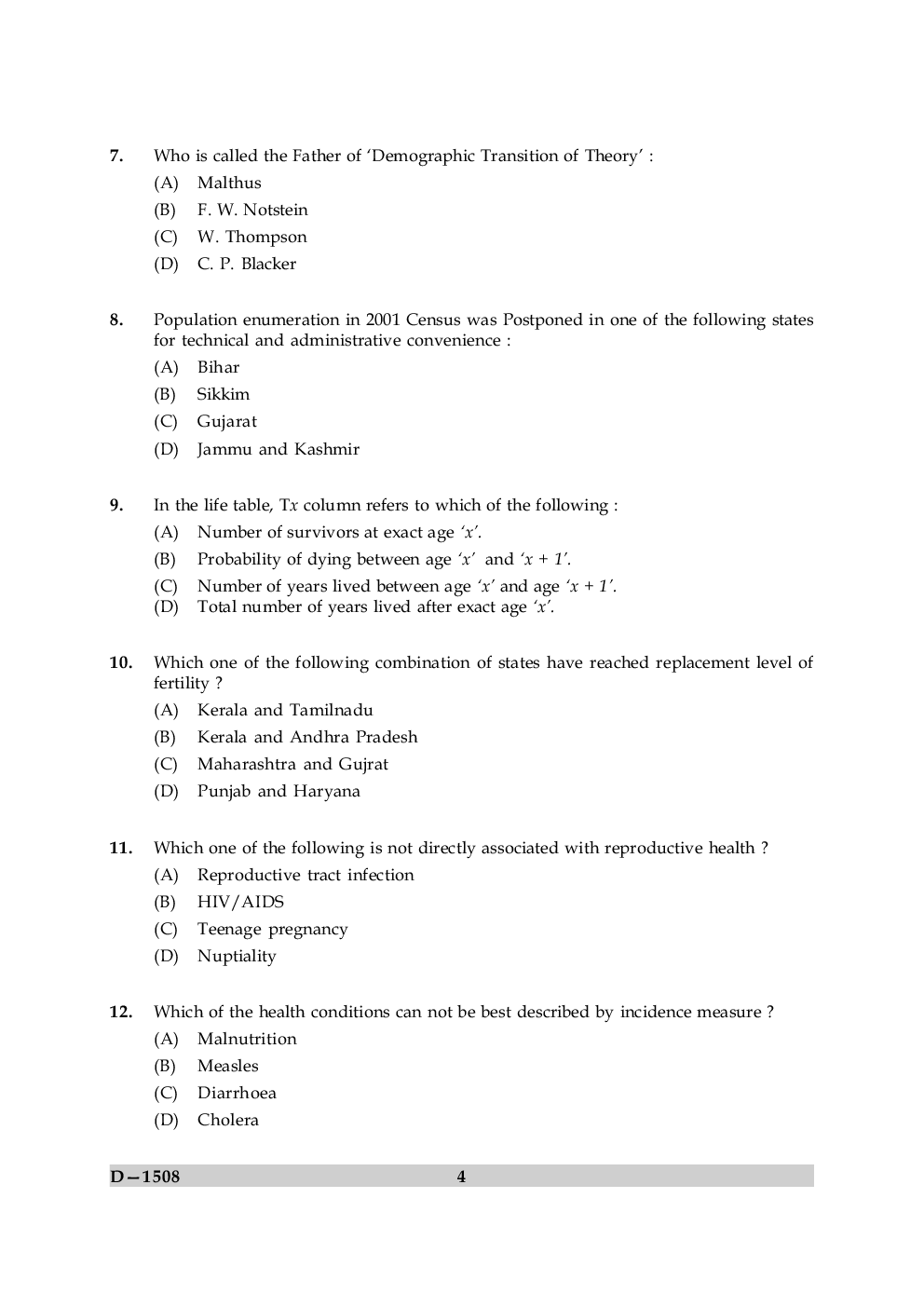 UGC NET Population Studies Question Papers June-December 2008 - Page 4
