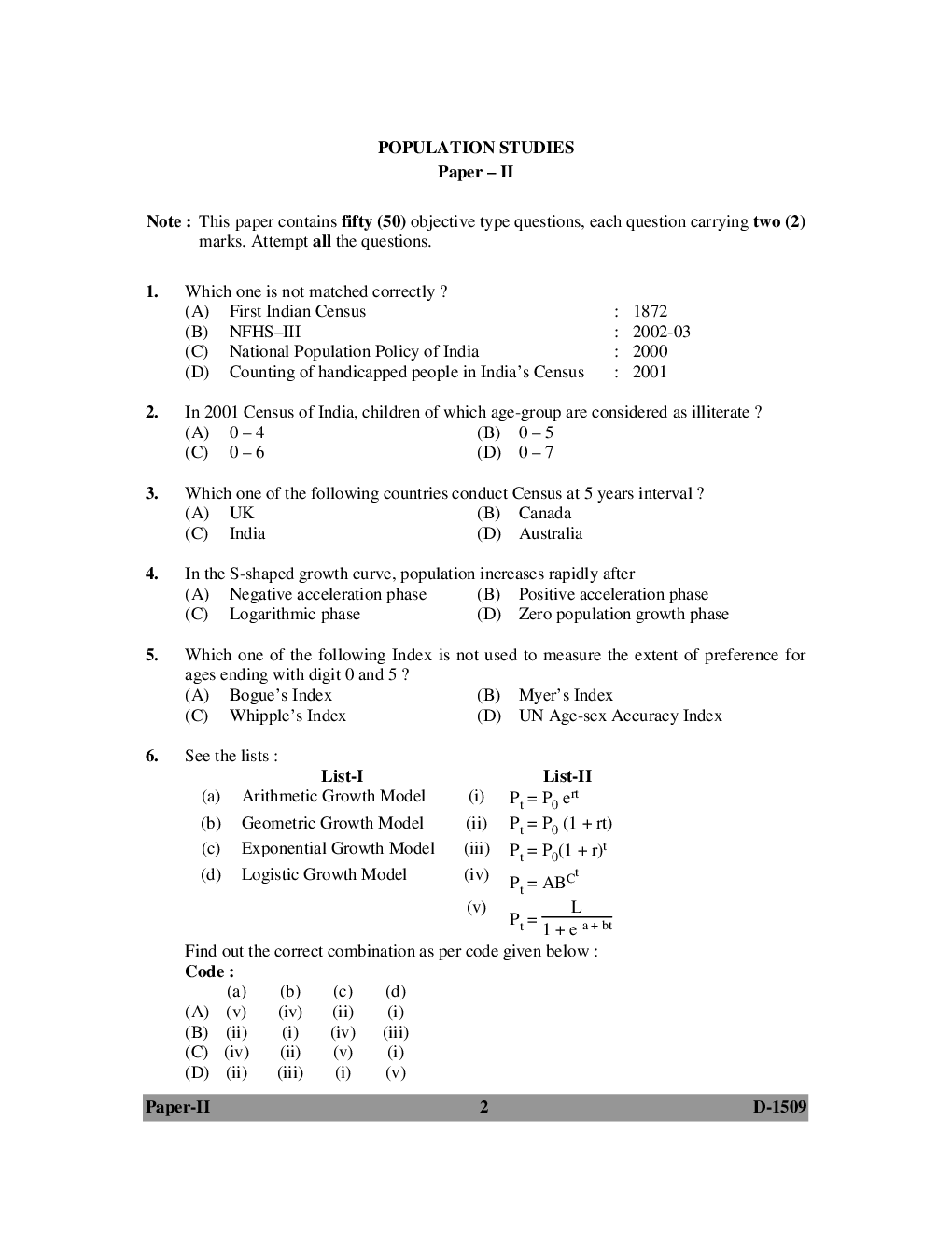 UGC NET Population Studies Question Papers June-December 2009 - Page 2