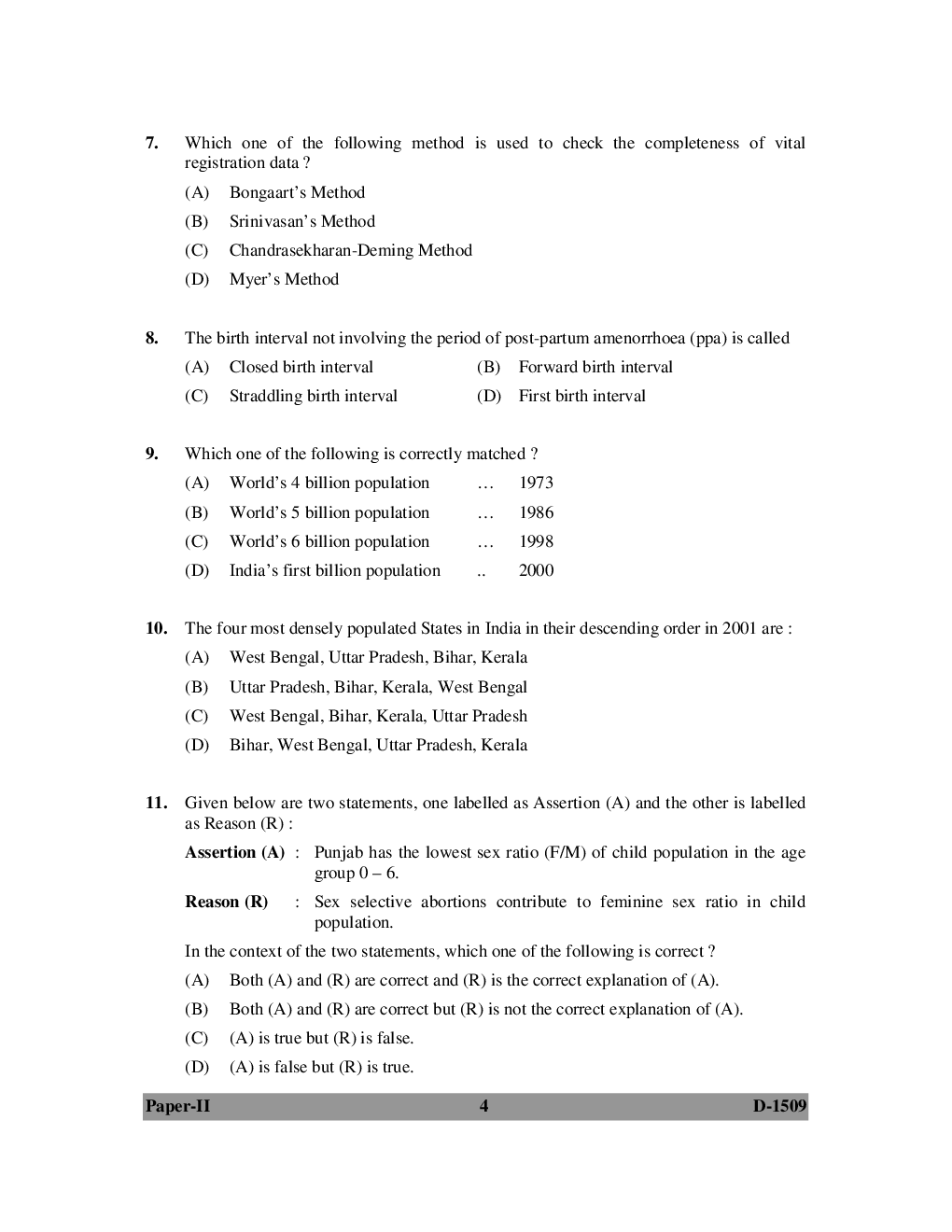 UGC NET Population Studies Question Papers June-December 2009 - Page 4