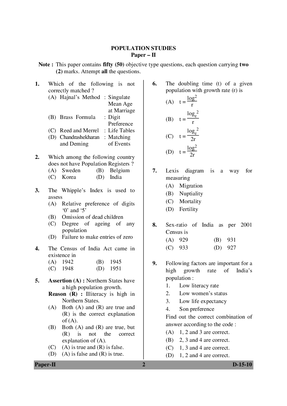 UGC NET Population Studies Question Papers June-December 2010 - Page 2