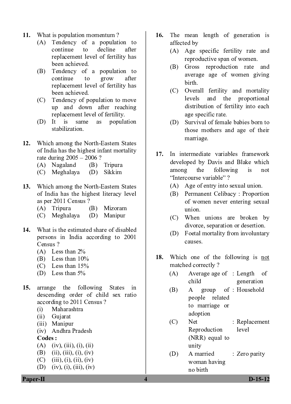 UGC NET Population Studies Question Papers June-December 2012 - Page 4