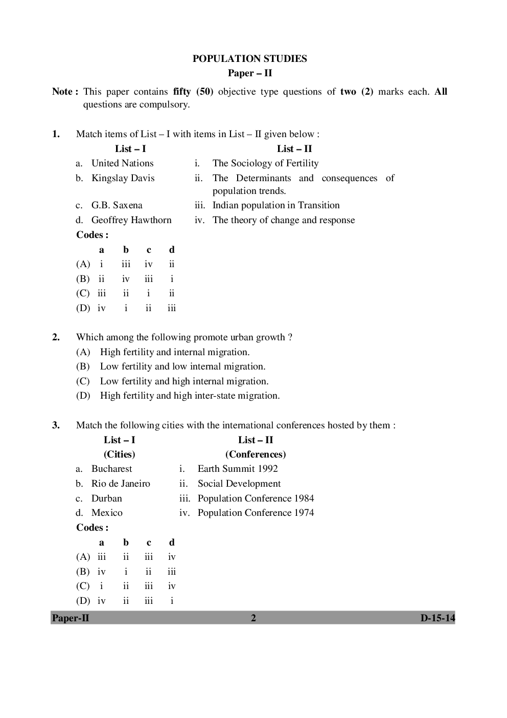 UGC NET Population Studies Question Papers June-December 2014 - Page 2