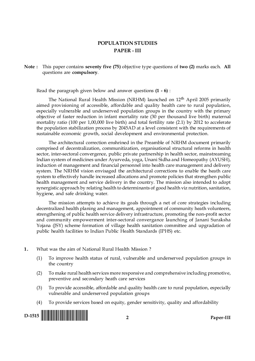 UGC NET Population Studies Question Papers June-December 2015 - Page 2