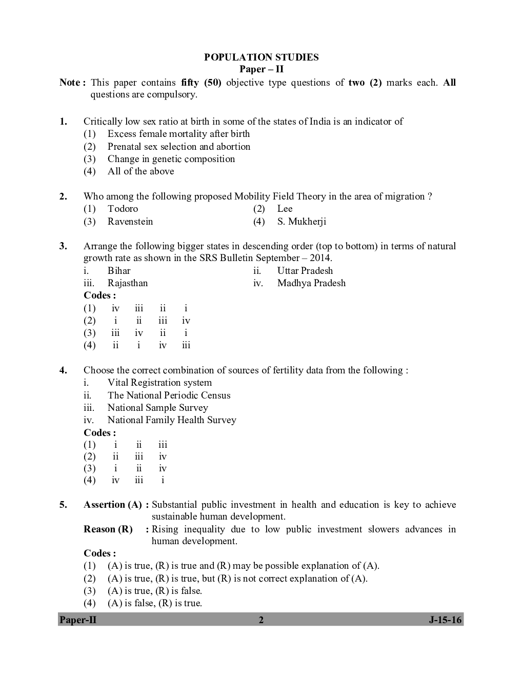 UGC NET Population Studies Question Papers 2016 - Page 2
