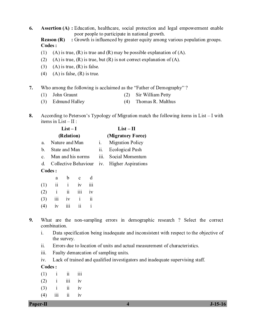 UGC NET Population Studies Question Papers 2016 - Page 4