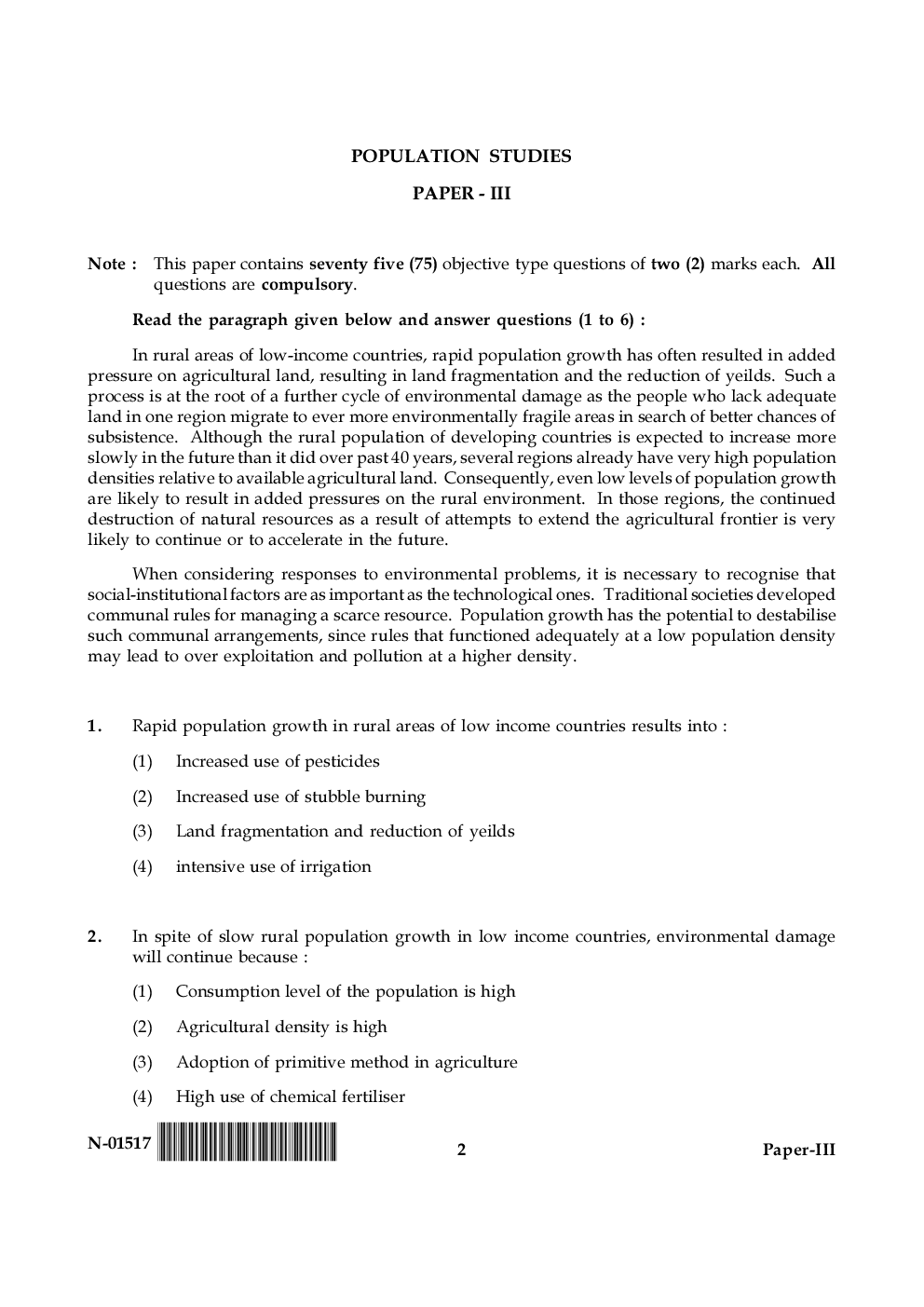 UGC NET Population Studies Question Papers 2017 - Page 2