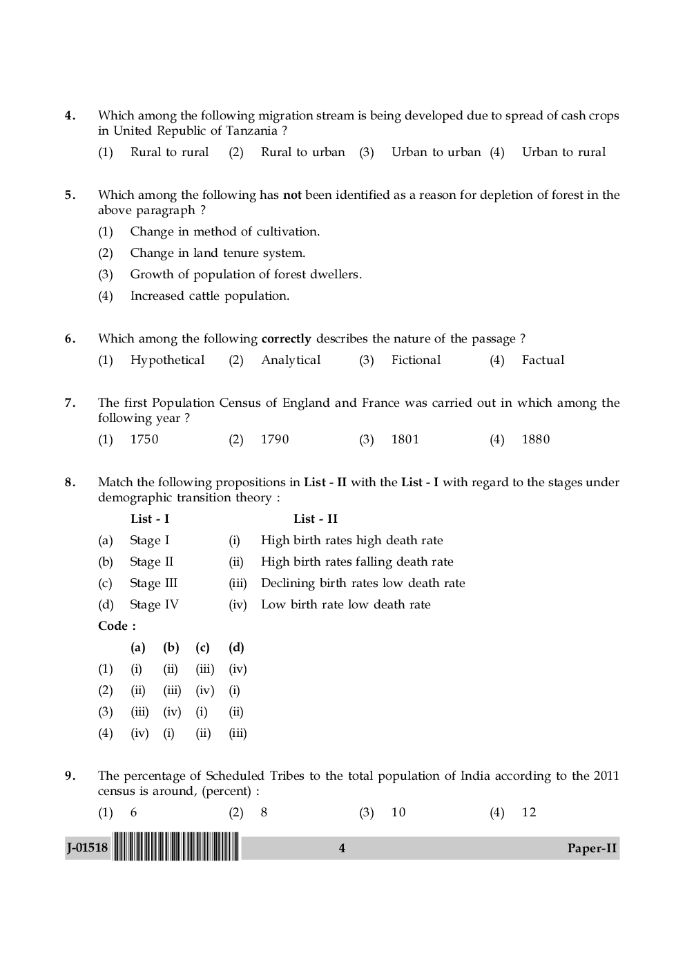 UGC NET Population Studies Question Papers 2018 - Page 4