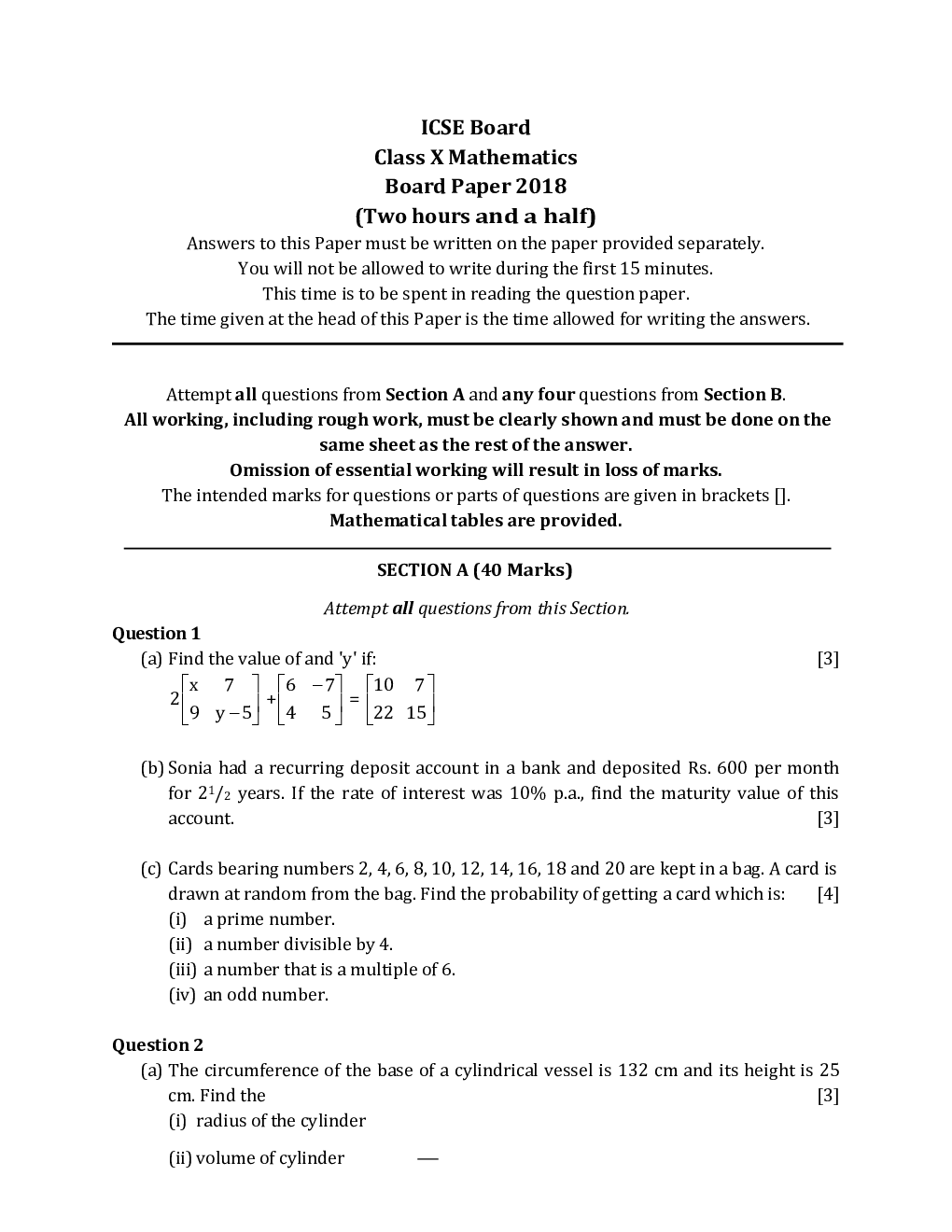 ICSE Class-10th Previous Year Question papers Mathematics 2018 - Page 2