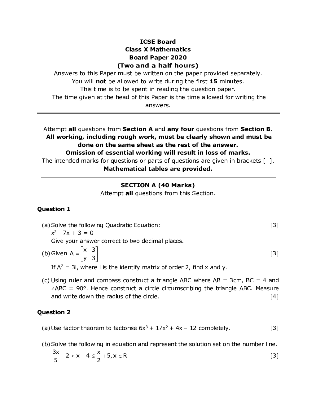 ICSE Class-10th Previous Year Question papers Mathematics 2020 - Page 2