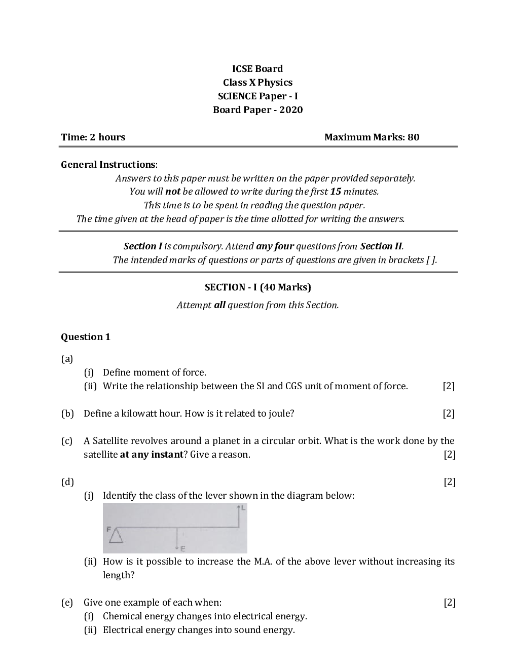 ICSE Class-10th Previous Year Question papers Physics 2020 - Page 2