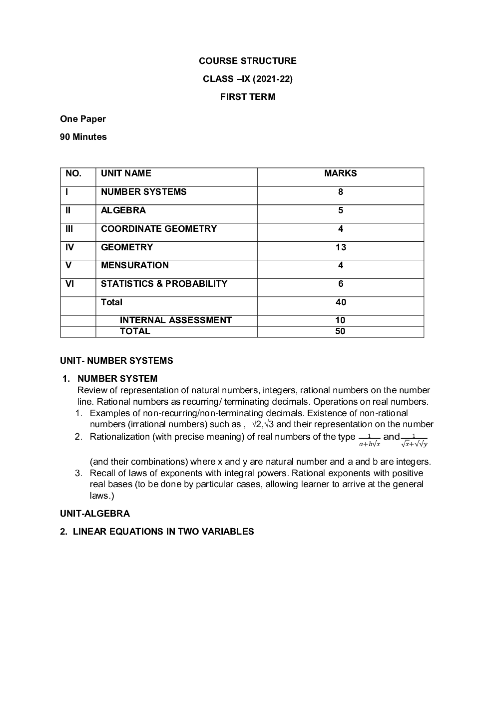 CBSE  Class-9th Syllabus Mathematics - Page 2