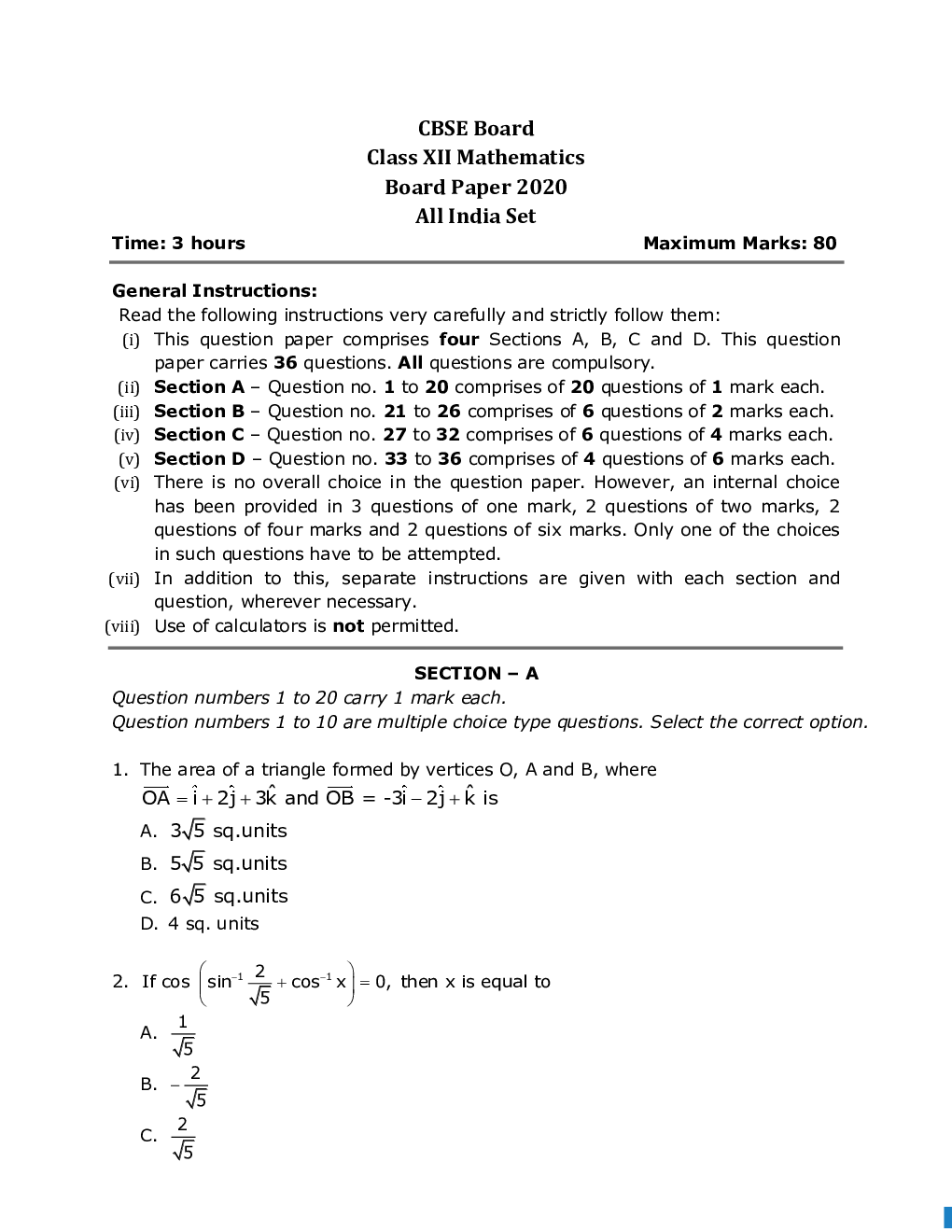 Mathematics Class-12th Question Paper With Solutions - 2020 - Page 2