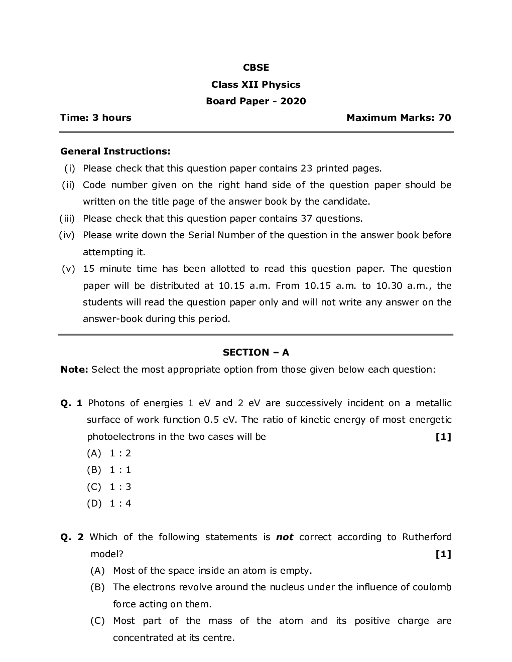 Physics Class-12th Question Paper With Solutions - 2020 - Page 2