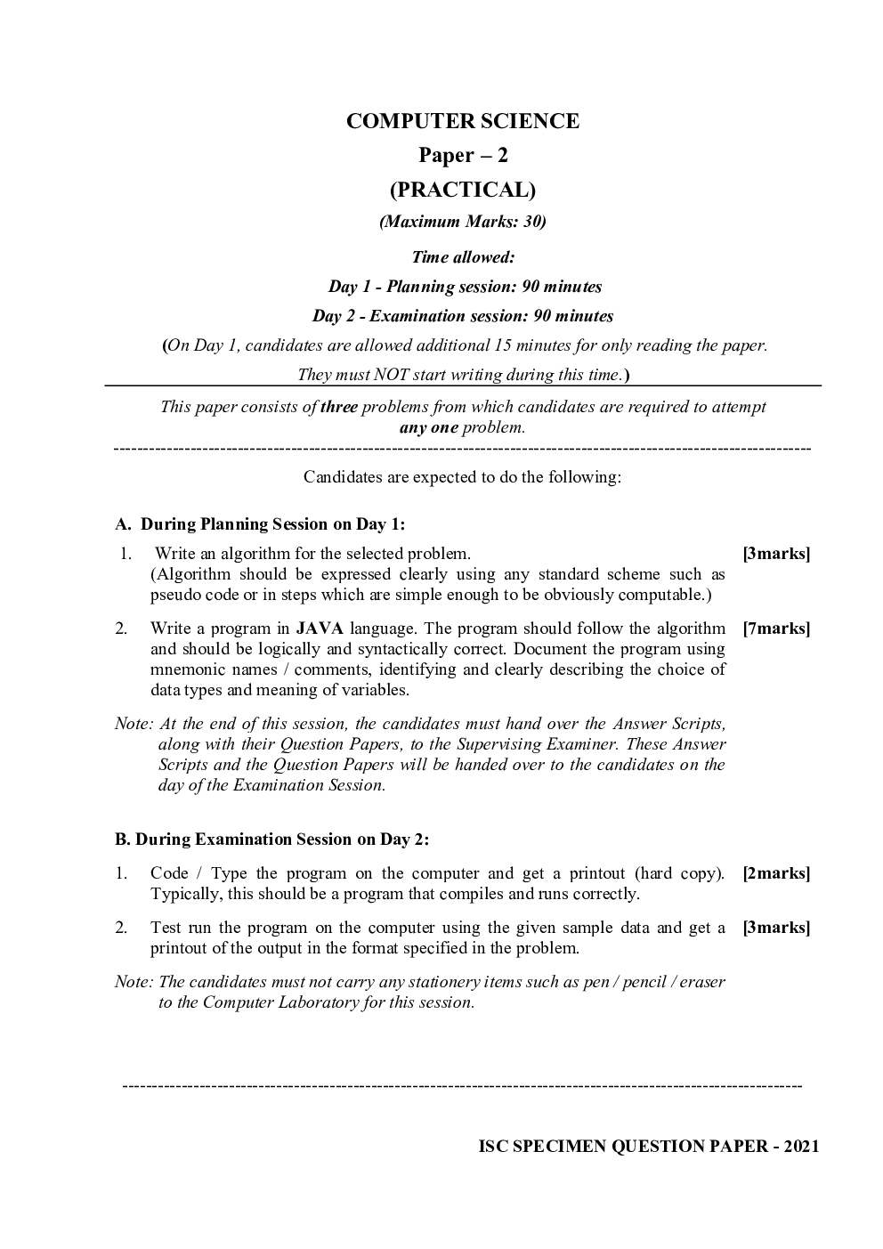 Download Free ISC Sample Paper For Class 12 Computer Science Paper 2
