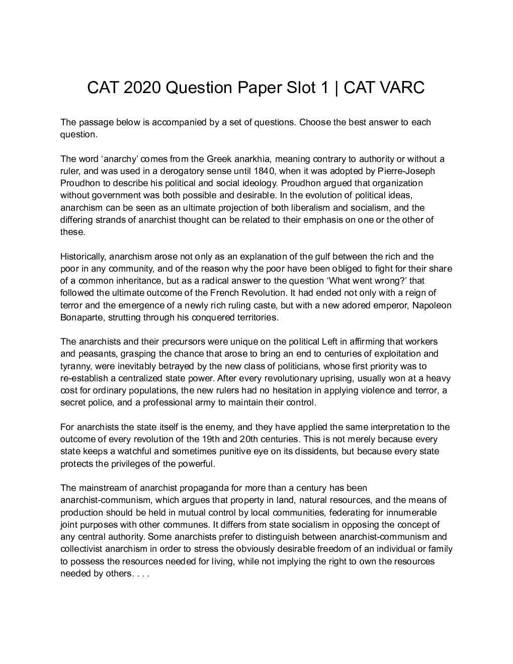 CAT Verbal Ability Question Paper-2020 Slot-1,2,3 - Page 2