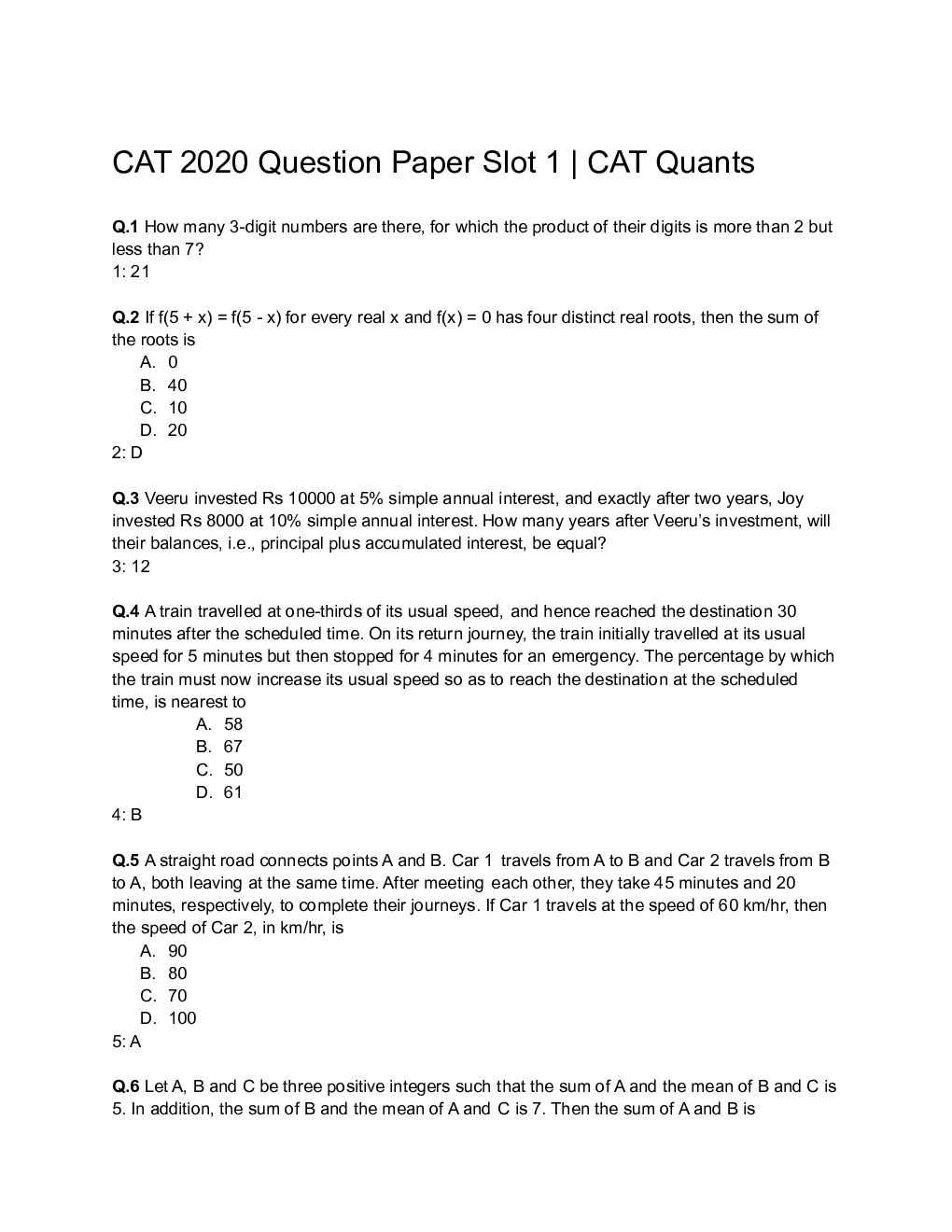 CAT Quantitative Aptitude Question Paper-2020 Slot-1,2,3 - Page 2